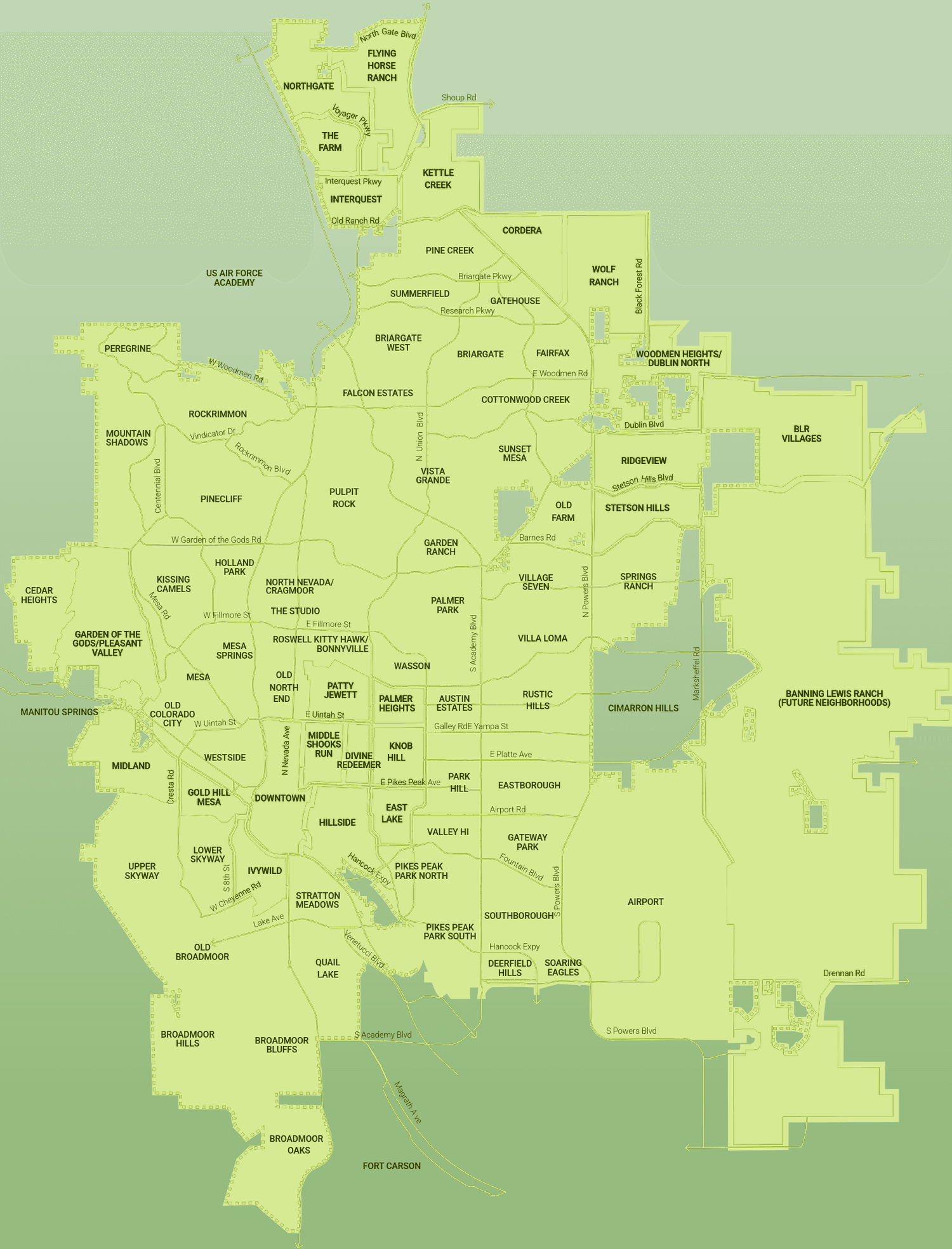 City of Colorado Springs PlanCOS Vibrant Neighborhoods Framework, an official map of every recognized neighborhood in the city. Tap to send an inquiry.